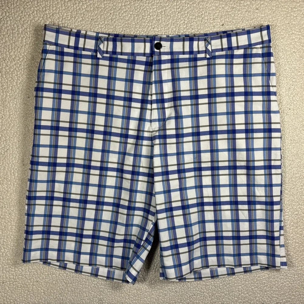 adidas Golf Shorts Men's 40 XL Blue White Plaid Performance Flat Front Bermuda